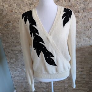 Vintage 80s Donagain Pearl Beaded Wrap Sweater Knitwear Retro Cream Black Knit L